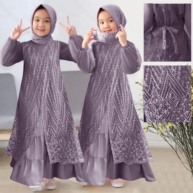 Promo Gamis dress anak perempuan muslim brukat model terbaru fashion muslimah kekinian olivia Kids M