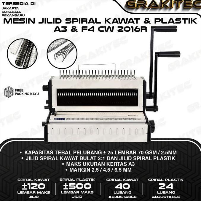GRAKITEC MESIN JILID SPIRAL CW2016R KOMBINASI KAWAT 3:1 BULAT  & JILID SPIRAL PLASTIK PREMIUM GRAKIT