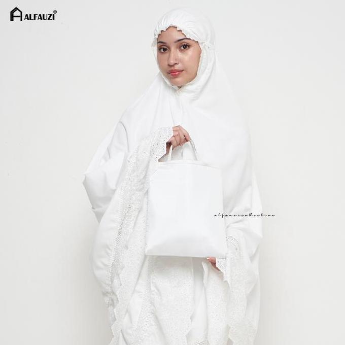 Promo ALFAUZI - Mukena Dewasa Putih Polos Renda Bordir | Mukena Aisyah Atasan Bawahan Katun Cream CO
