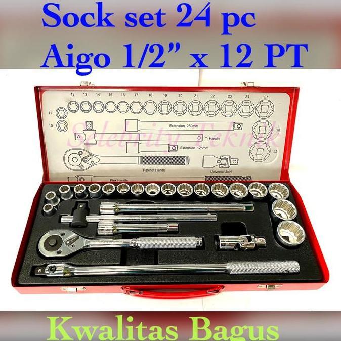 Socket wrench AIGO set 24 pcs 1/2" 12PT Kunci sock set
