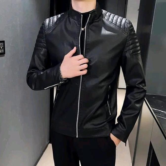 DB160 - jaket semi kulit terbaru motif ziper cowo cewe Keren Hitam Zipper Blazer