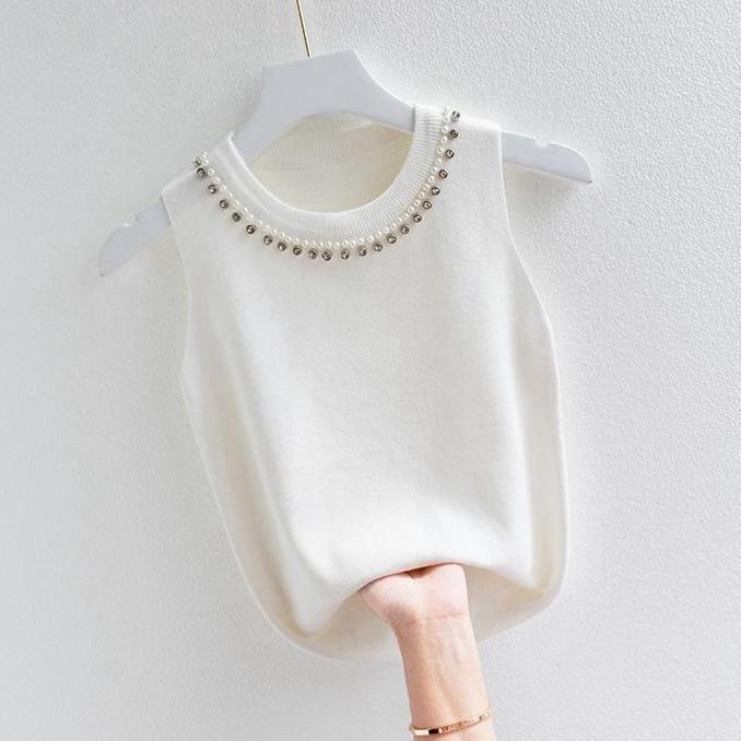 Promo HCLL Atasan Lengan Buntung Kombinasi Mutiara Molve - Baju Atasan Rajut Import Premium COD