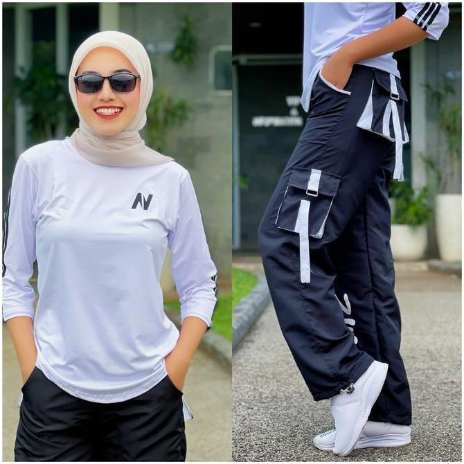 Setelan Senam Dan Olahraga Set Atasan N Putih Lis Hitam dengan Celana Senam Cargo Zumba Parasut Hita
