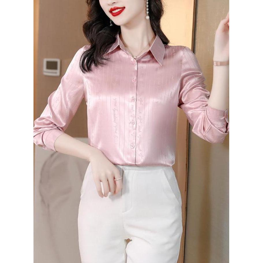 Atasan Kasual Kemeja Wanita Lengan Panjang KoreaSatin Sutra Aprikot LT
