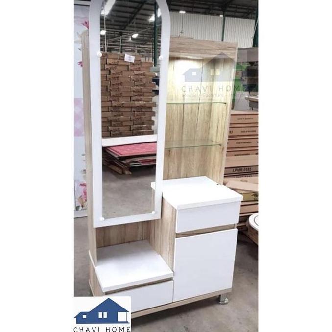 Set meja rias kaca panjang tinggi lengkap dengan lampu dan kursi top