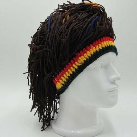 FUY-Topi Wig Mewah Buatan Tangan Topi Beanie Rajut Lucu Topi Wig Rasta Bob dengan Rambut Gimbal