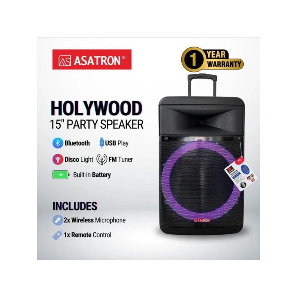 SPEAKER BLUETOOTH ASATRON 15 INCH HOLIWOOD 2 MICROPHONE WIRELESS