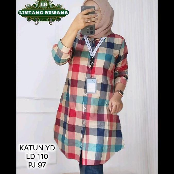 Lintang Buwana Selina Tunik Kotak Kotak Katun Wanita Atasan Panjang Muslim Kancing Formal Daily Warn