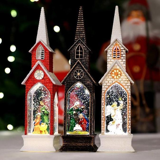 Pajangan Lentera LED Snowglobe Salju Gereja Katedral Natal PREMIUM