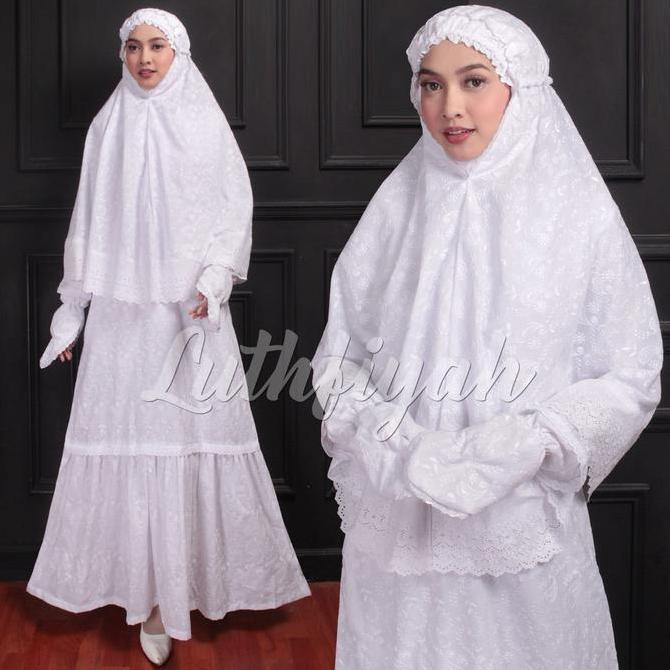 Baju Umroh Wanita Model Satu Set Gamis Bergo Sarung Tangan Katun Poliester Polos Bunga Putih haji re