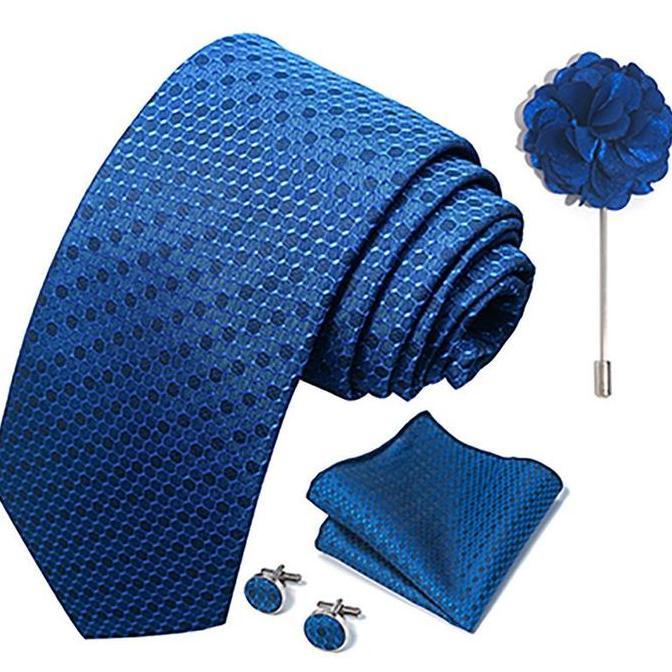 KIAMA - Dasi Set Formal Batik Biru Muda Sky Biru Navy Dongker Biru Tua Cufflink Saputangan Jas Ready