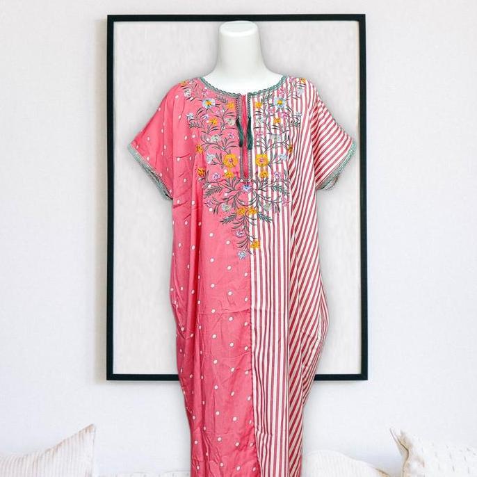 Ditafashion - Daster Bordir Kombinasi Salur Polka Busui Bumil Rayon Viscose Premium Adem Lembut mura