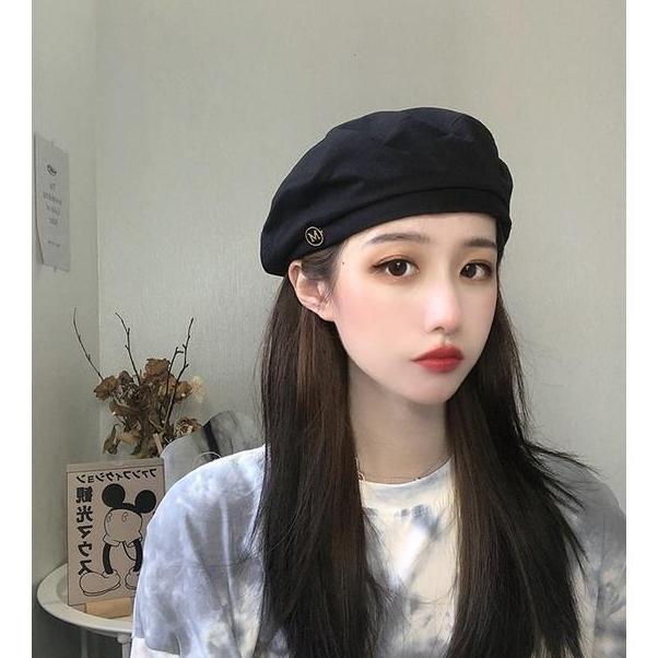 DF241 >> Topi Baret Korea Wanita Pria Dewasa Motif Huruf M Hitam Biru Coklat Outfit Gaya Vintage Ret