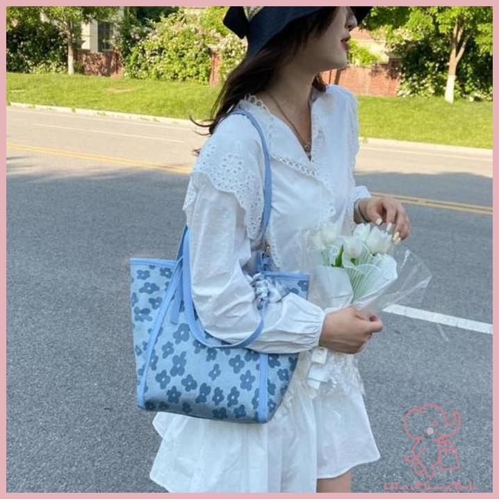 (ORI) TOTE BAG CANVAS BESAR BLUE MOTIF LOVELY TAS KANVAS FREE PITA 722-82 KECANTIKAN PESTA DEKORASI 