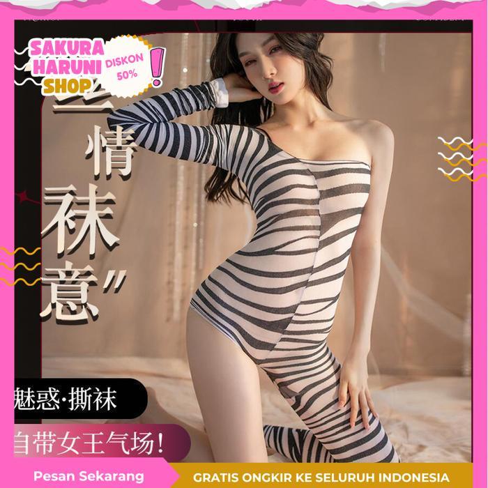 LINGERIE WANITA DEWASA ELEGAN SEXY LINGEIRE BODY STOCKING SEKSI OPEN V MOTIF ZEBRA BEST SELLER