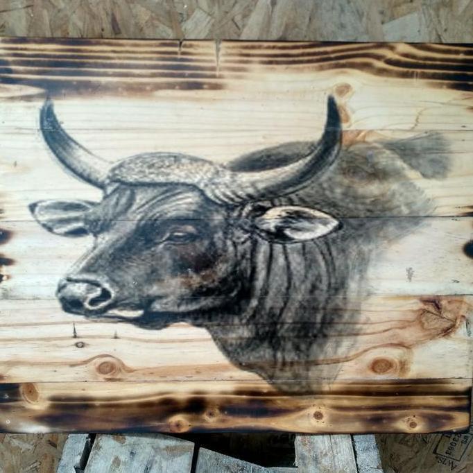 HIASAN UNIK LUKISAN KAYU KERBAU PAJANGAN VINTAGE DEKORASI