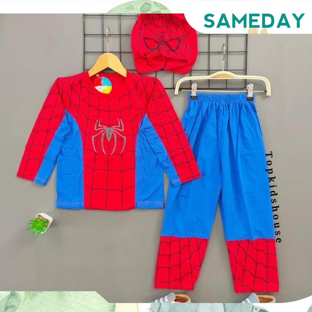 Setelan Baju Kostum Anak Laki Superhero Lengan Panjang Topeng Kain Bahan Kaos Katun Grab
