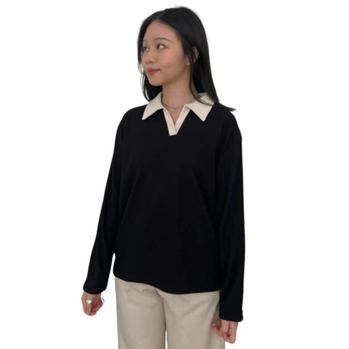 DR172 - Nala Top 774 - Polo Shirt Two Tone - Atasan Wanita Longsleeve Knit Baju Kancing