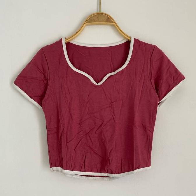 DR118 >> Atasan Crop Top List Leher V Lengan Pendek/Kaos Crop Wanita