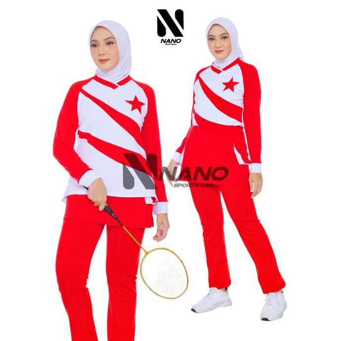 NANO SPORTSWEAR BAJU SENAM MUSLIM MERAH PUTIH / BAJU SENAM MUSLIM WANITA Terlaris