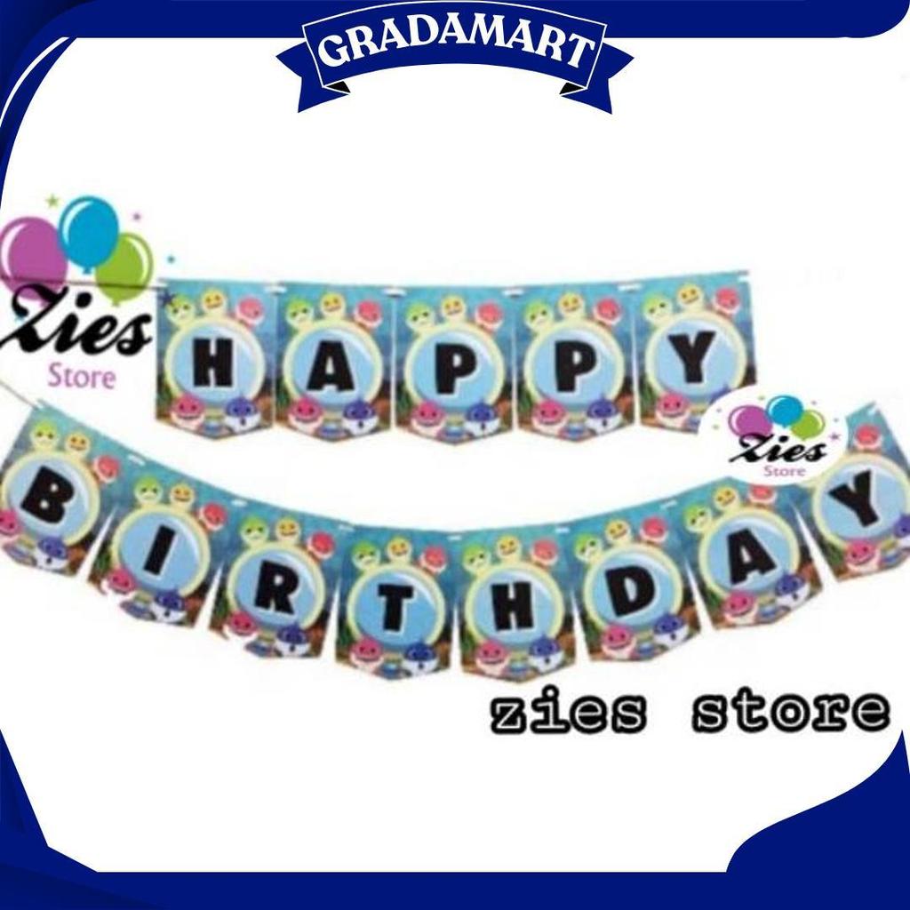 Banner Happy Birthday Baby Shark / Banner Ulang Tahun Baby Shark Zs Ori