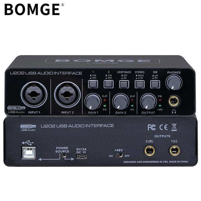 BOMGE U202 Audio Interface SoundCard USB dengan Mikrofon Preamplifier Port XLR/TSR/TS, Resolusi 48V,