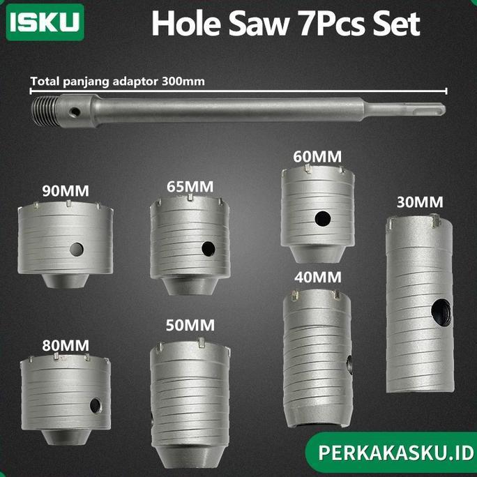 ISKU Hole Saw 7pcs Set Hollow Core Saw 30-90MM Mata Bor Hole Saw Lubang Tembok Beton Pelubang Beton 