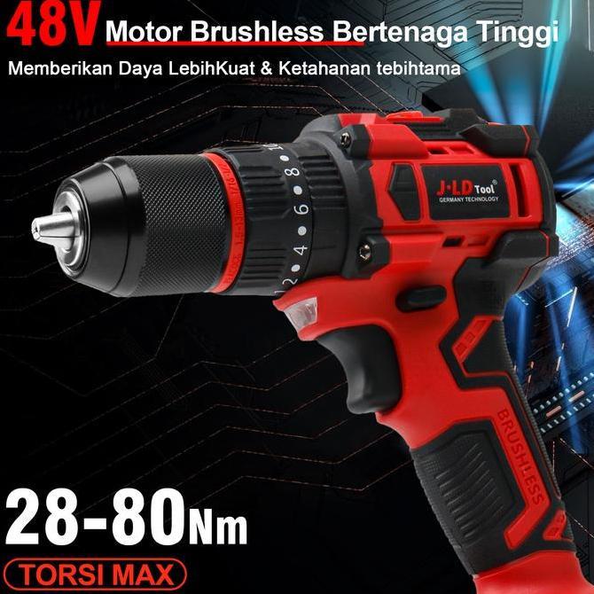 JLD Bor Listrik Baterai 48VF 13MM Chuck 28-80NM 20+3 Kecepatan 0-550/2200RPM Bor Impact Obeng Set Le