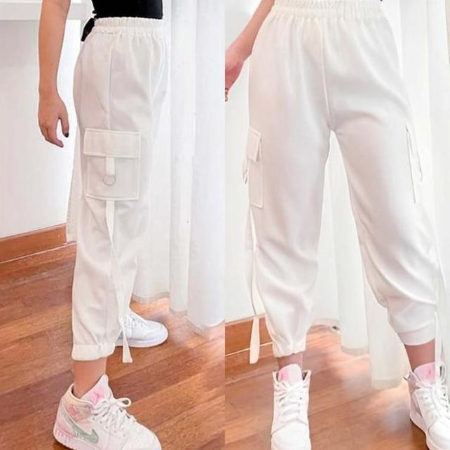 Celana Cargo Wanita Scuba Jogger Pants Hitam Putih Stretch