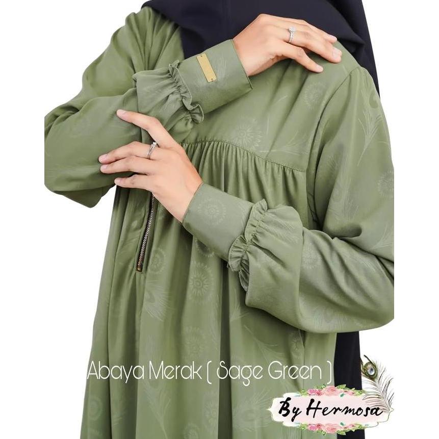 [Abaya Hermosa] Abaya Hermosa motif merak warna sage green-Abaya sage green-abaya hijau sage kekinia