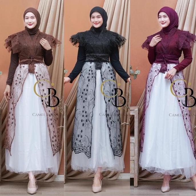 HAURA Dres Set Iner Outer Dan Rok Tutu Gamis Muslim Wanita Pesta Lebaran Kondangan