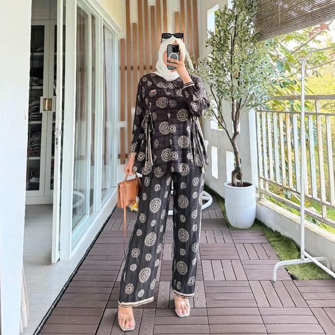 AVR Isla Set Motif Serat Kayu Bahan Rayon Setelan Celana Panjang Wanita Muslim Busui Variasi 4 Warna
