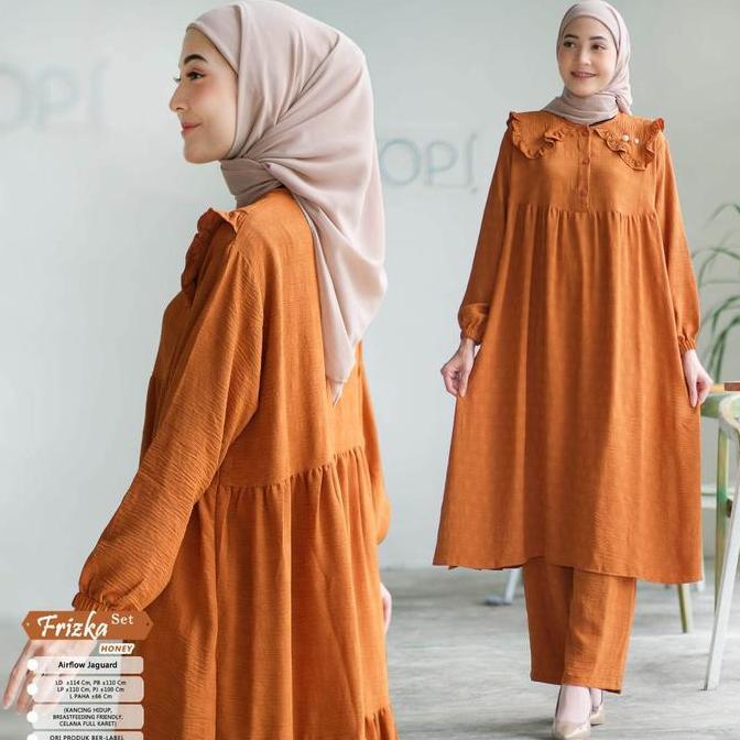 Frizka Setelan Wanita Muslim Airflow Jaguard Motif Polos One Set Baju Celana Hijab Style