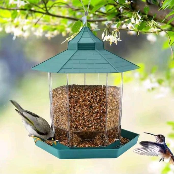 TERBARU - Rumah Gazebo Gantung Tempat Makanan Burung Liar Hijau PP+PSS 19x23cm Kapasitas 500ml untuk