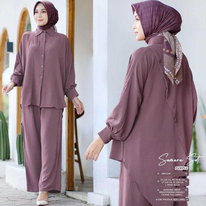 Samara Setelan Wanita Muslim Airflow Motif Polos One Set Baju Celana Hijab Style Dewasa