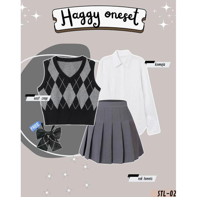 Haggy One Set Korean Style Rok Tennis Kemeja Putih Vest Dasi Kupu Ootd Wanita Korea Kekinian Outfit 
