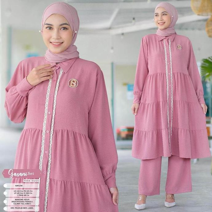 Gasani Setelan Wanita Muslim Airflow Motif Polos One Set Baju Celana Hijab Style