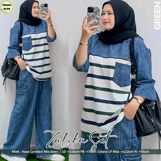 OUTFIT SET JUMBO -BAJU SETELAN CELANA WANITA JUMBO ATASAN KAOS COMBED BAWAHAN CELANA PANJANG JEANS W