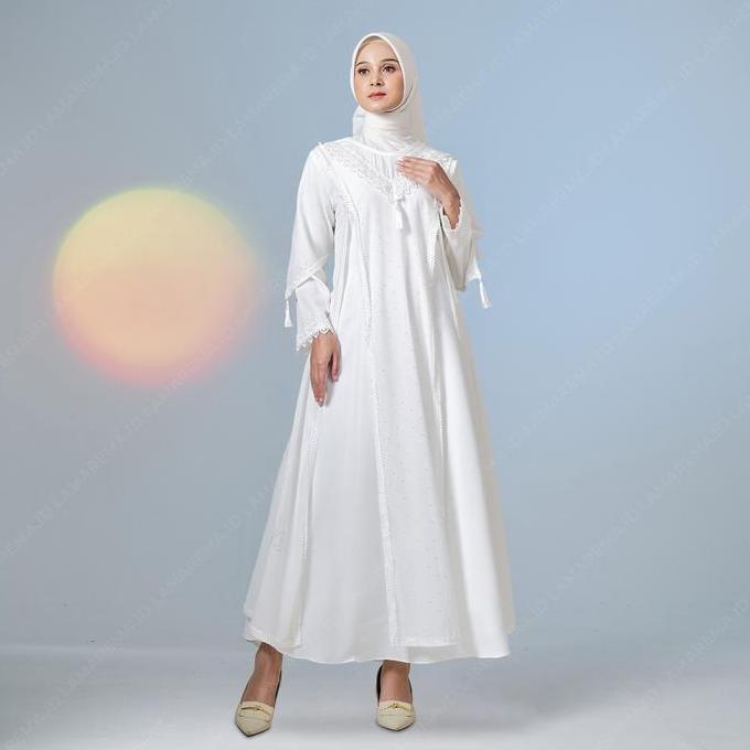 Gamis Abaya Turkey Putih Motif Payet Mewah Dress Lebaran Abaya Umroh Edn-019
