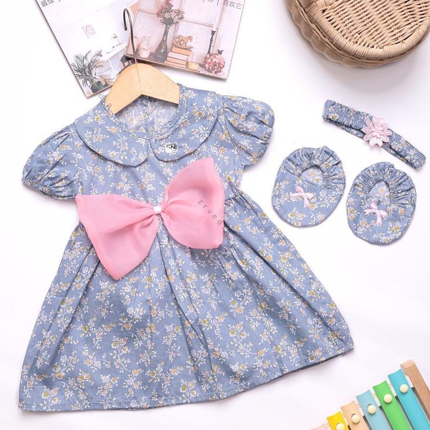 (3in1) Dress Baby Naura GRATIS BANDANA & SEPATU / Setelan Baju Girl Set Kado Jumper Import Dres Bayi
