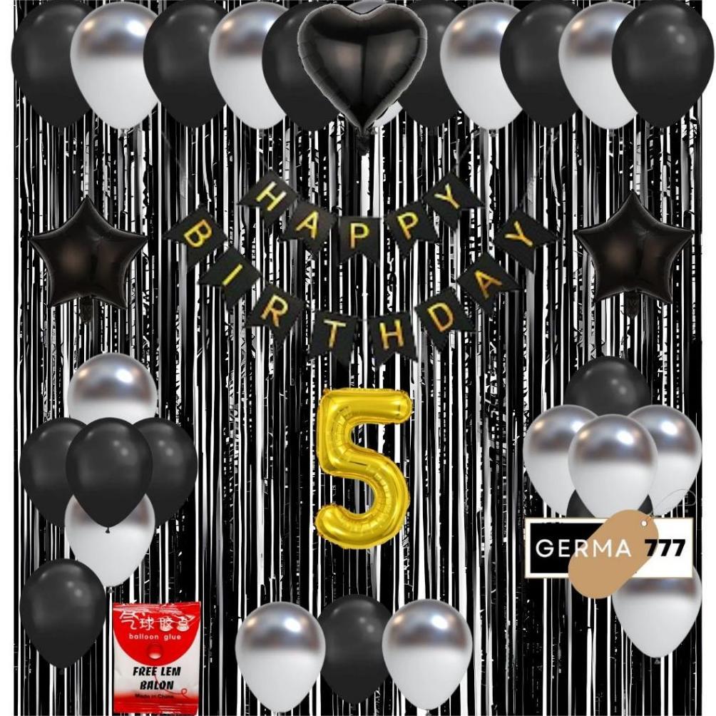 Paket Set Dekorasi Pesta Ulang Tahun Balon Latek Banner Happy Birthday Tirai Hitam