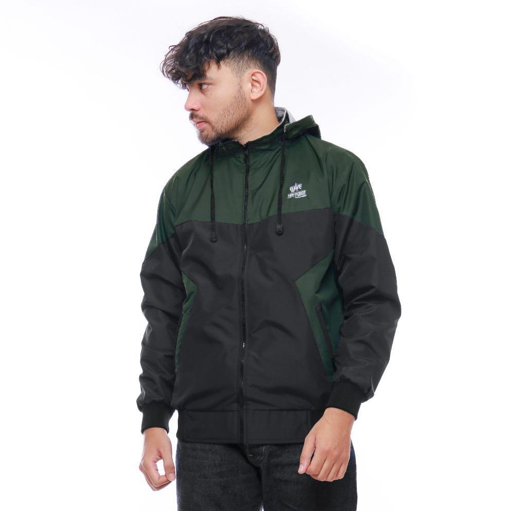 Jaket Bolak Balik Parasut Taslan Anti Air Pria dan Wanita Windbreaker Waterproof Hijau Army Hitam