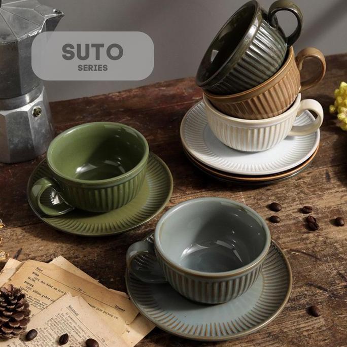 [HOF] SUTO Cangkir Keramik dengan Piring | Gelas Kecil Mug Kopi Teh Cafe Kramik Unik Aesthetic