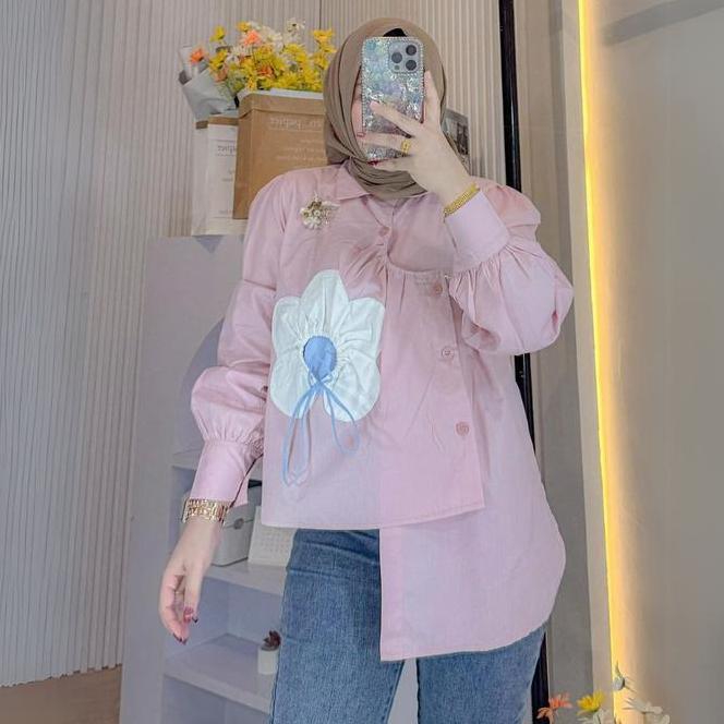 Mib Flower Shirt - Kemeja Panjang Linen Model Unik Wanita - Kemeja Atasan Blouse Katun Oversize - Ke