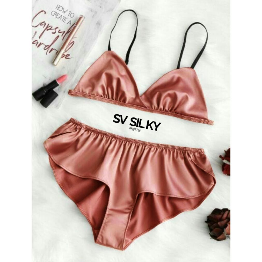 Omagoedang - Set Bra + Celana Dalam Wanita Bahan SV Silk Satin Korea Premium Tanpa Kawat Ukuran Leng