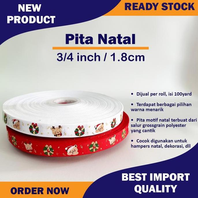 [Roll 100yard] Pita Christmas Grossgrain Polyester Hampers Natal 1.8cm