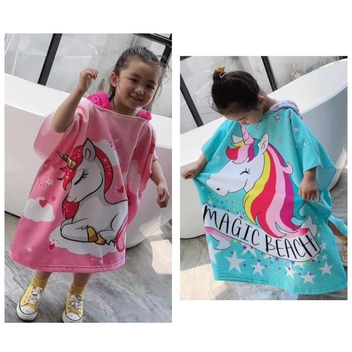 Handuk Renang Microfiber Anak Perempuan Handuk Ponco+Tas Unicorn