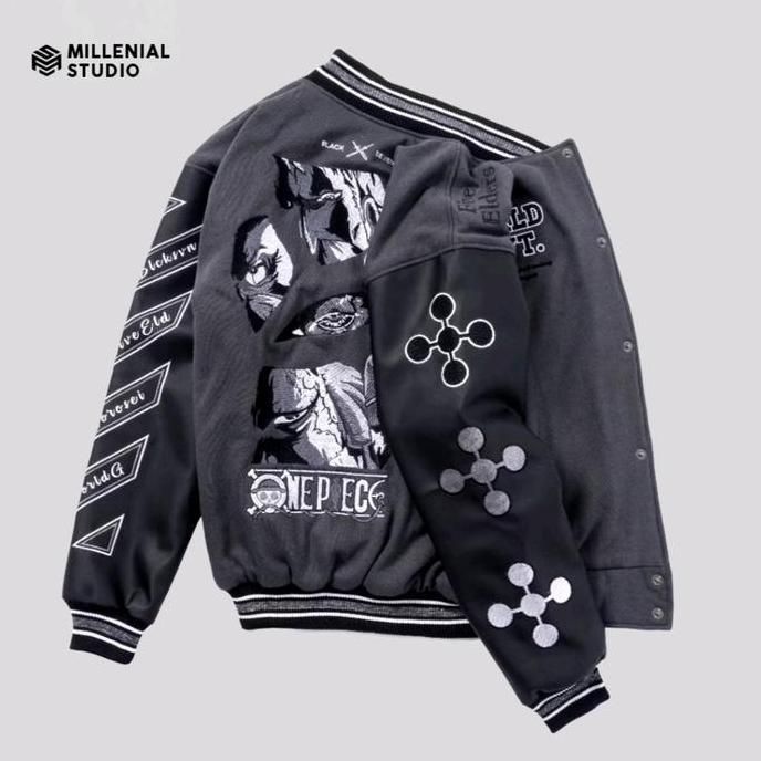 Grosir Varsity Jacket One Piece Gorosei Grey | World Govt Jaket Baseball Bordir Kulit Original Unise