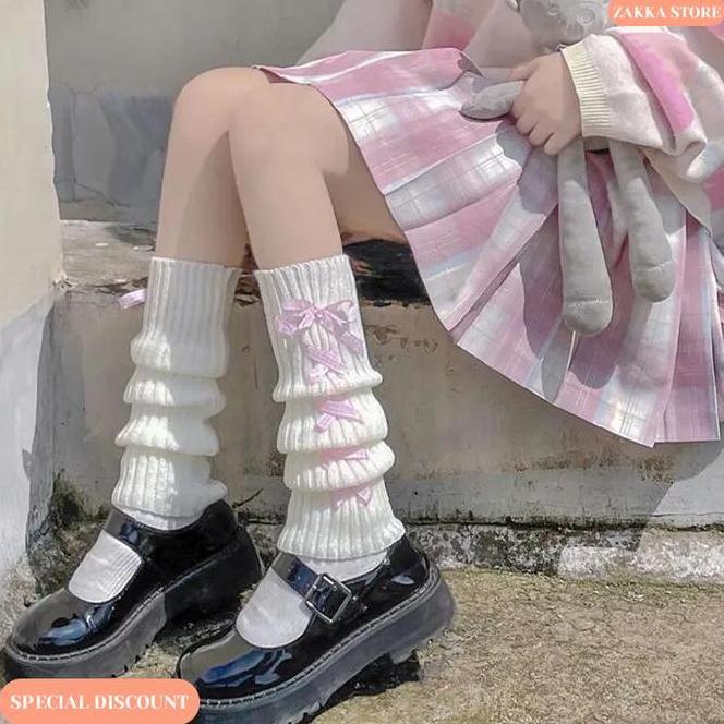 Zakka Cod Kaus Kaki Panjang Penghangat Kaki Wanita Gaya Gothic Kaus Kaki Pita Bahan Tebal