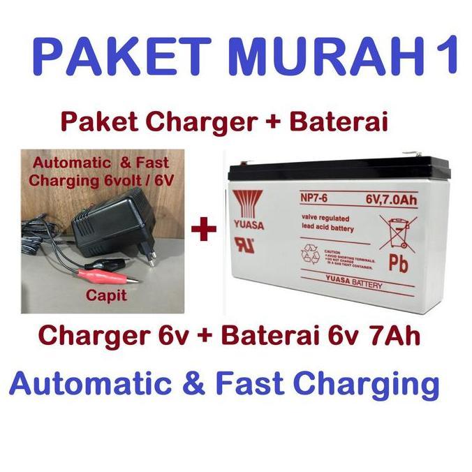 Yuasa Paket Charger Volomax 6V + Baterai 7Ah 7.0Ah 6 Volt Fast Charging Otomatis untuk Mobil Motor M